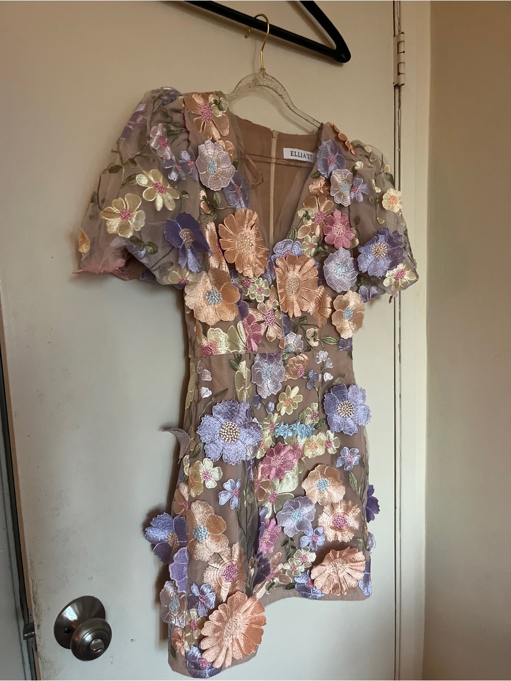 Elliatt Floral Appliqué Mini Dress in Pastel Lavender, Peach & Pink